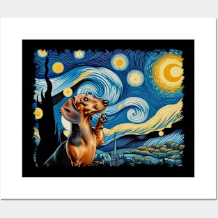 Cute and Curvy Crew Dachshund Dog Starry Night, Doggy Delight Tee Posters and Art